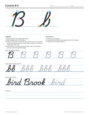 Preview of the cursive b b practice sheet printable