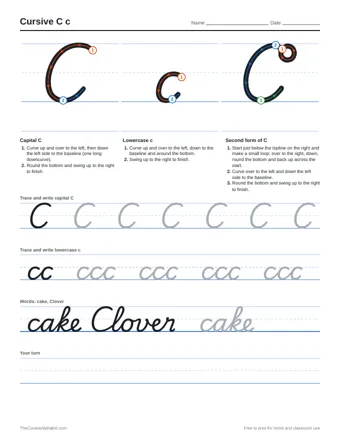 Preview of the cursive c c practice sheet printable