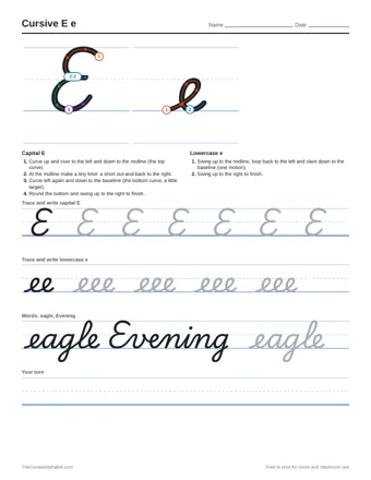 Preview of the cursive e e practice sheet printable