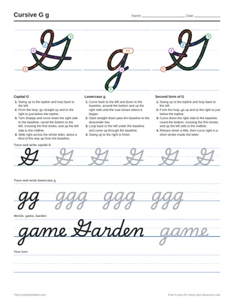 Preview of the cursive g g practice sheet printable