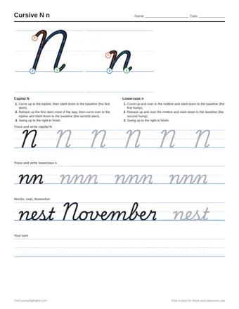 Preview of the cursive n n practice sheet printable