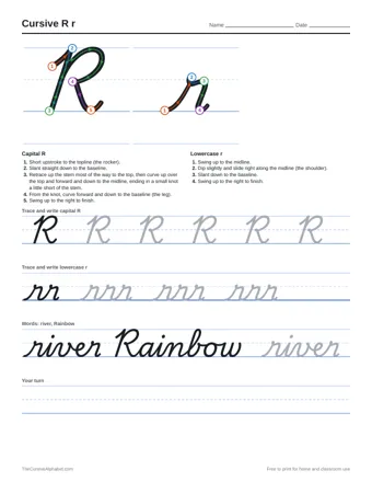 Preview of the cursive r r practice sheet printable