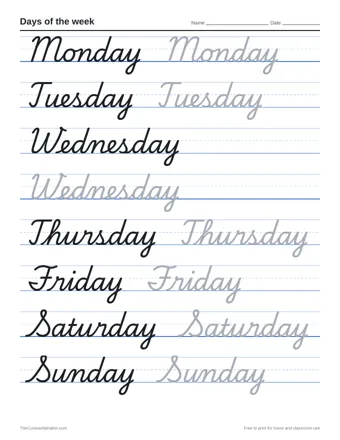 Preview of the days of the week printable