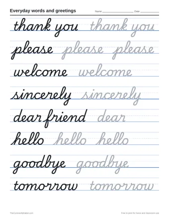 Preview of the everyday words and greetings printable